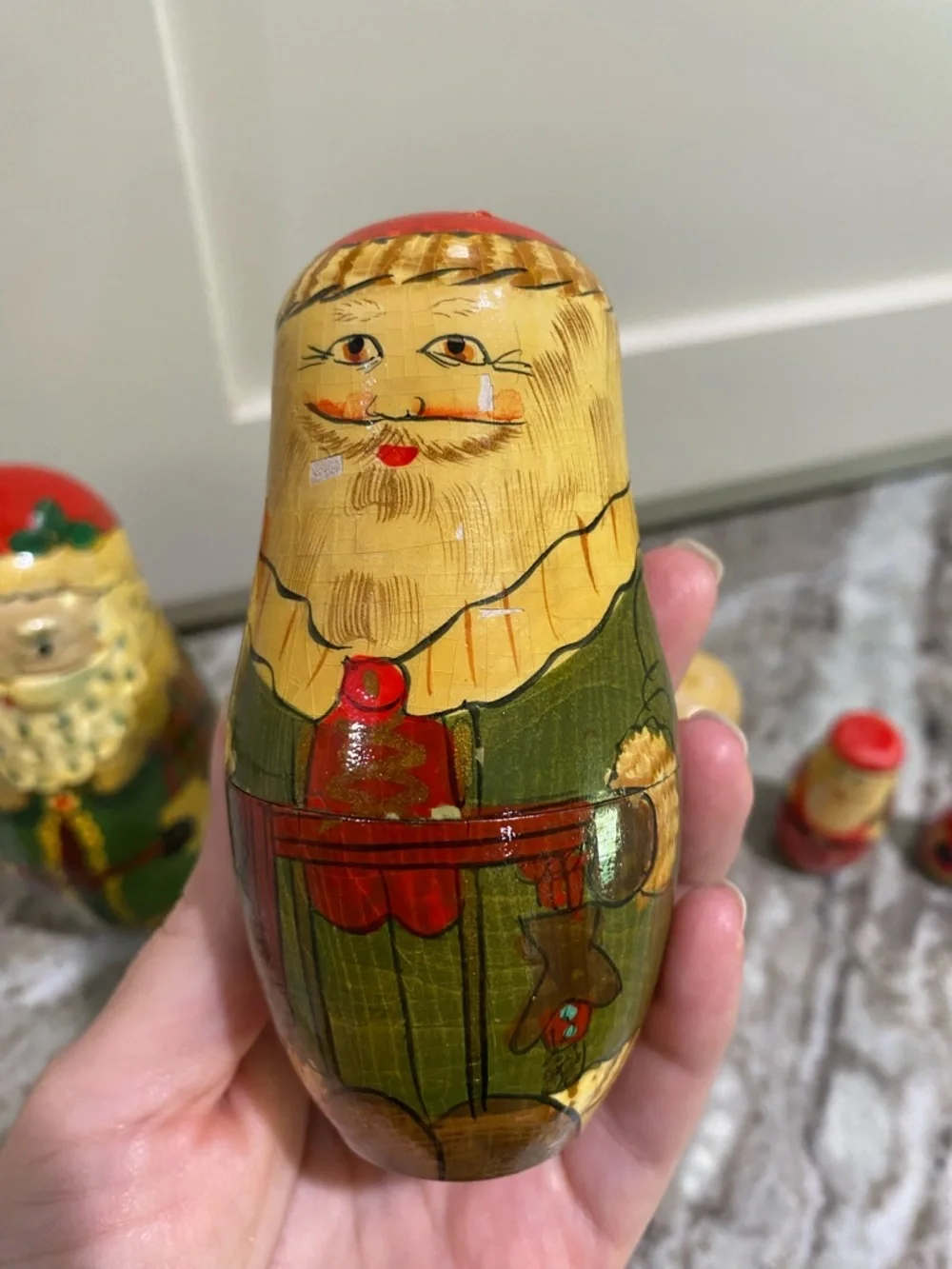 Vintage Hand-Painted Russian Santa Nesting Dolls Set - Green and Red